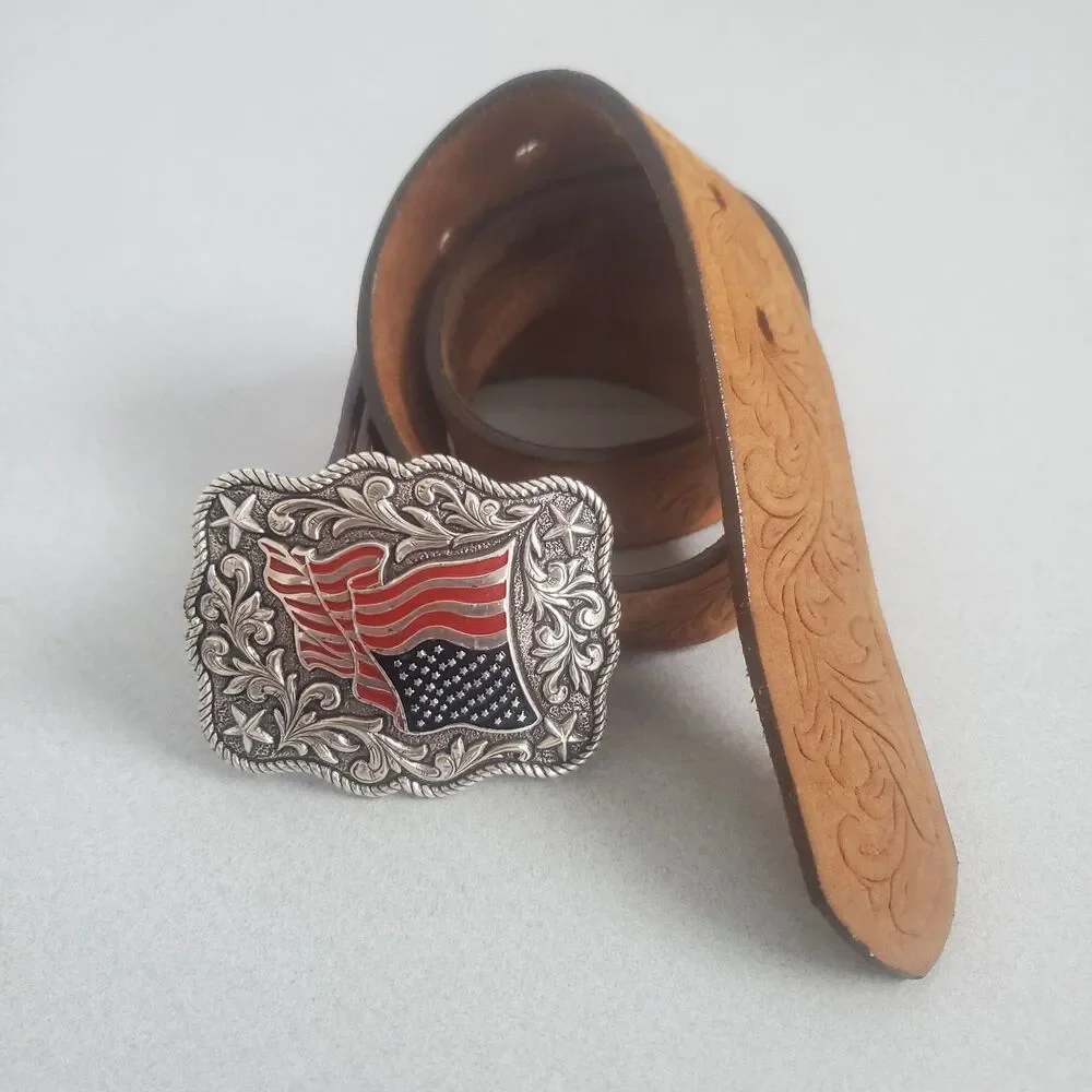 Nocona American Flag Belt Buckle and Justin Belt Youth Size 24 Western USA